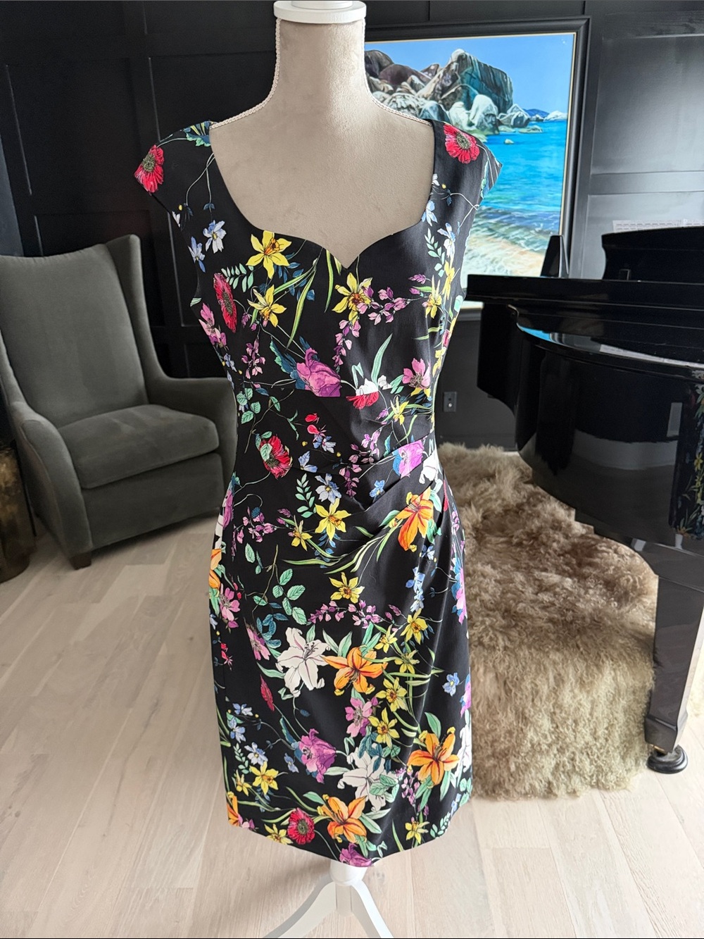 Adrianna Papell Black Floral Midi Dress with Sweetheart Neckline